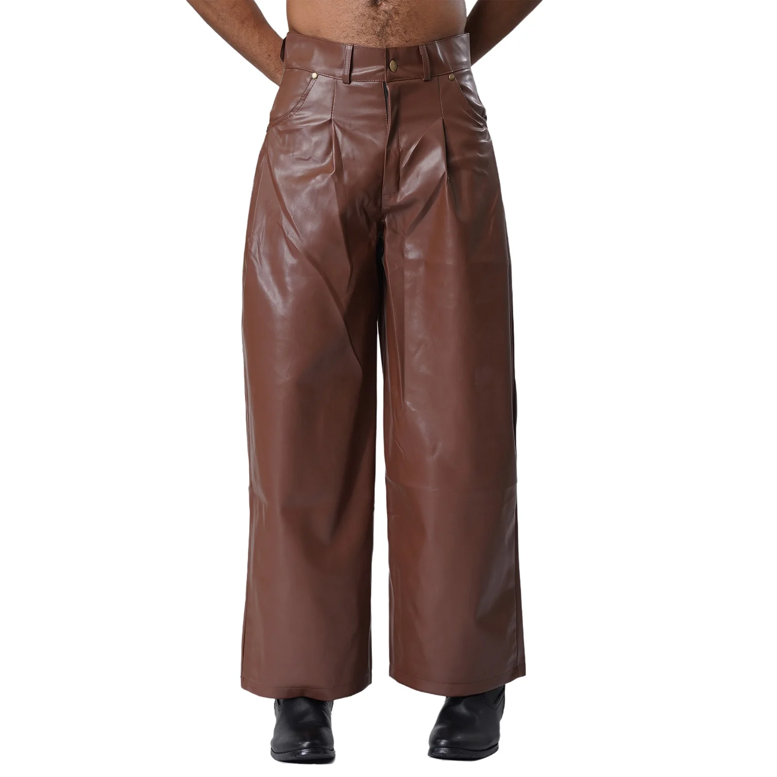 

Men's Fashionable Matte Faux Leather Pants High Waist Pockets Loose Straight Trousers for Daily Casual Office Party Club Bottoms