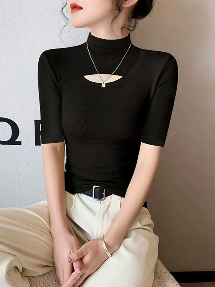 

Women's Mid-Sleeve T-Shirt Base Shirt Hollow out Halter Neck Top Summer New Style plus Size Fat MM Five Sleeve Hollow Interio...