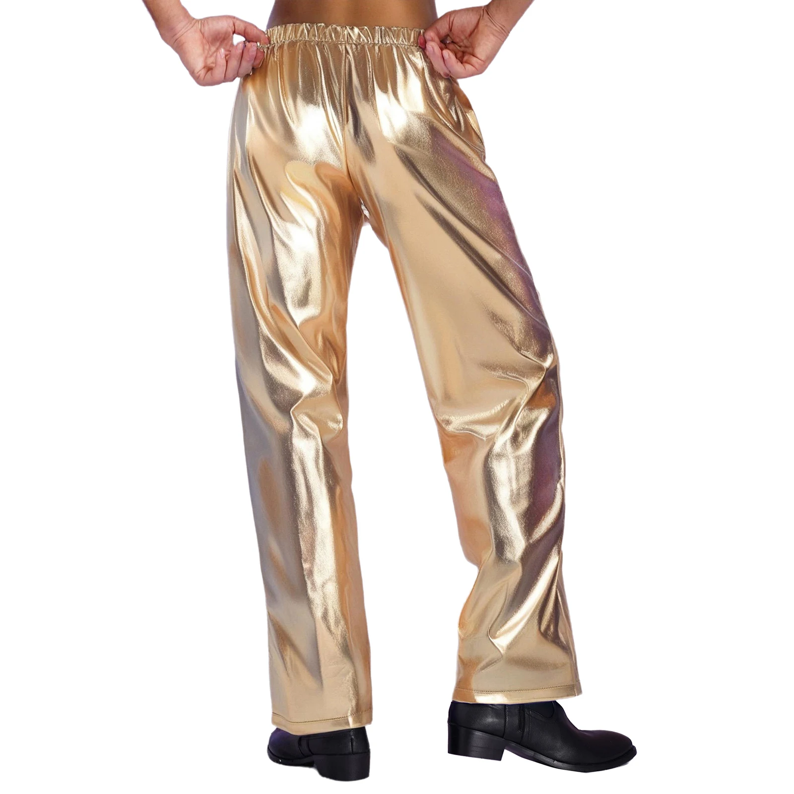 Mens Metallic Shiny Pants Jazz Hip-hop Dance Pants Elastic Waistband Trousers for Rave Disco Club Theme Party Stage Performance