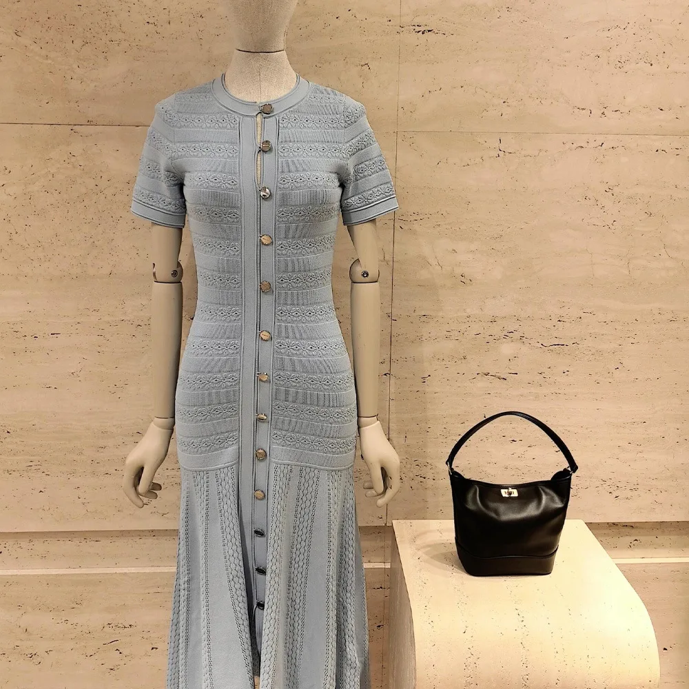 

2026 Summer New Style Elegant Commuting Versatile Pullover Round Neck Slim Fit Knitted Short-Sleeve Midi Dress for Women