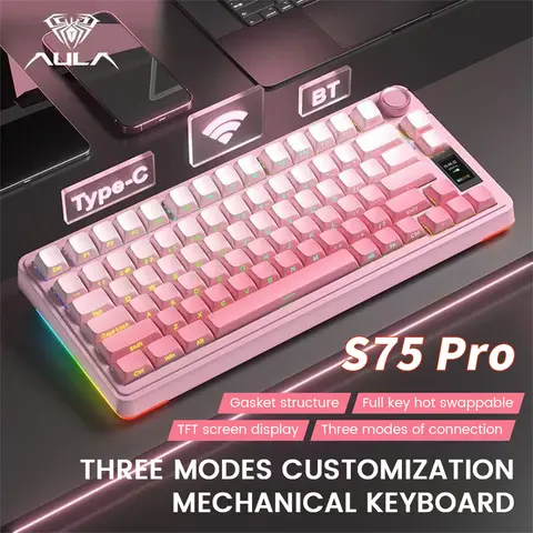 AULA S75 Pro Gaming Mechanical Keyboard 75% Hot Swappable RGB Backlit 4000mAh PBT Keycaps Wireless Keyboard with LED Screen Knob