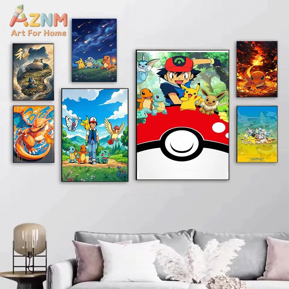 Anime Pokemon Happy Pikachu Canvas Wall Art, Cute Starter Pocket Monster Cartoon Frameless Canvas Painting for Kids Bedroom Li