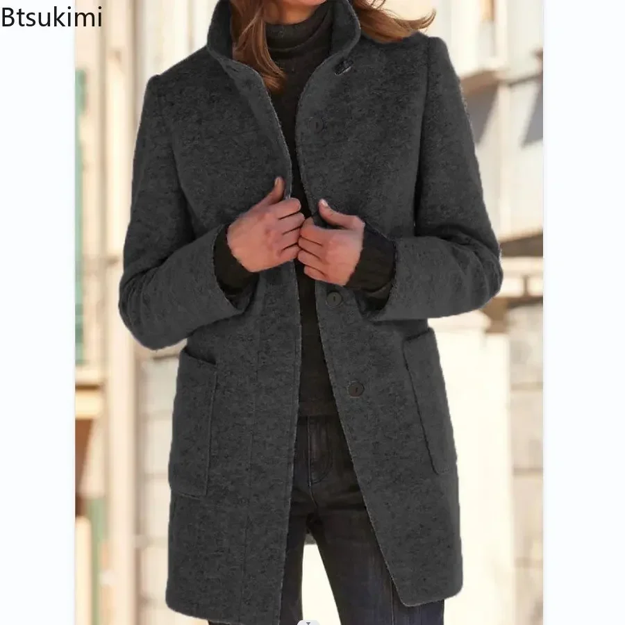 Herbst Winter frauen Casual Woolen Oberbekleidung Elegante Feste Warme Blazer Mäntel Langarm einreiher Büro Jacken Weibliche