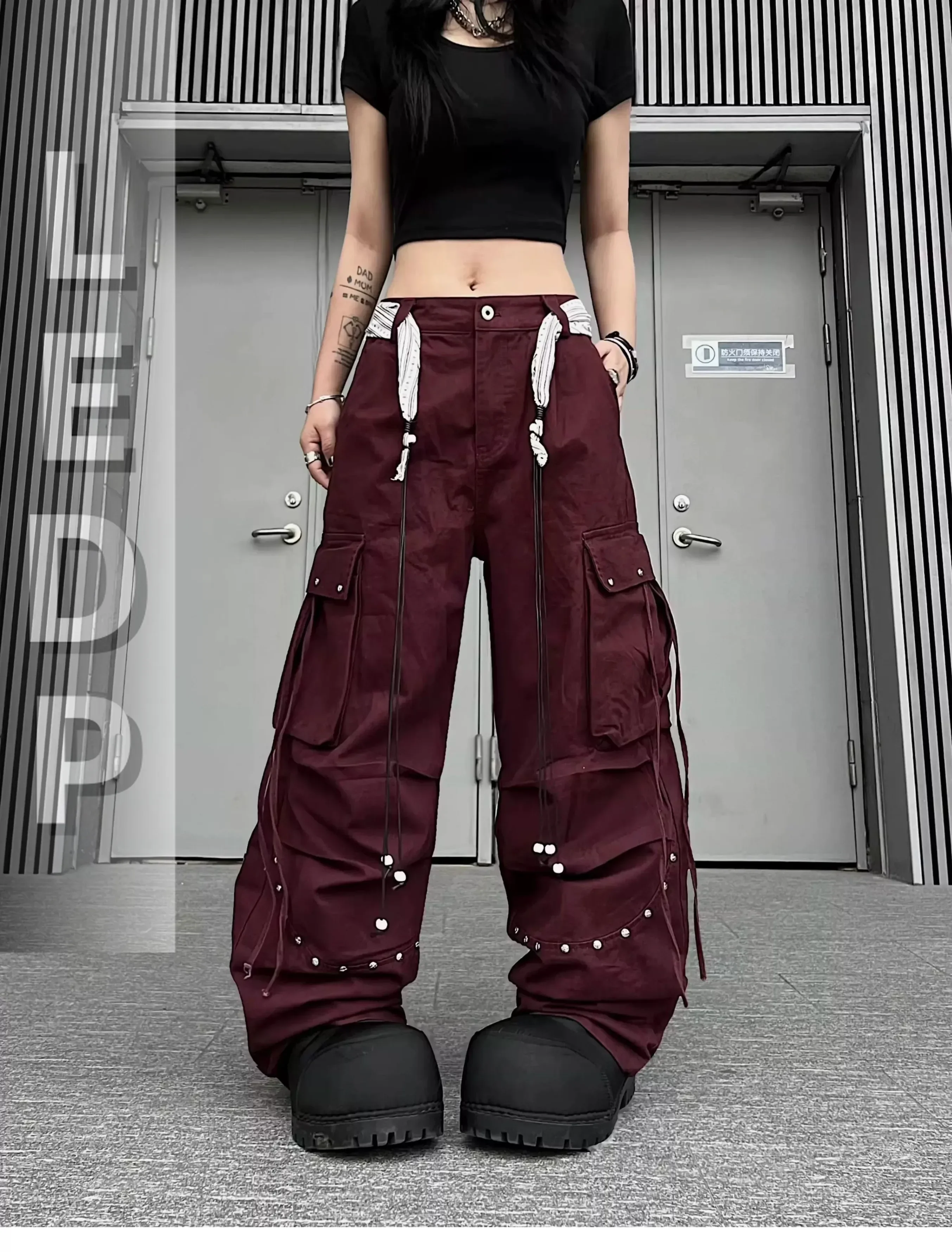 IMU Y2K Streetwear Multi-pocket Black Pleated Baggy Cargo Jeans Pants For Women Clothes Cotton Long Trousers