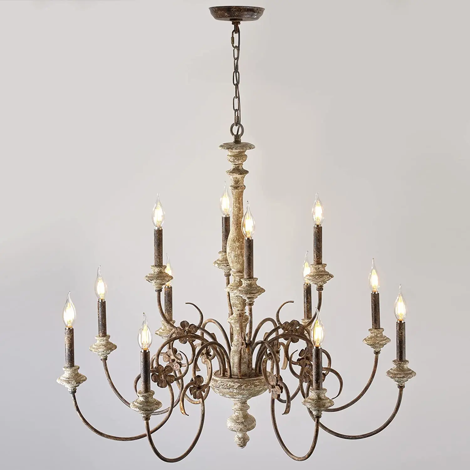Vintage Rustic Chandelier, Wrought Iron French Farmhouse Wooden  Pendant Light for Dining Room Living Room Decor
