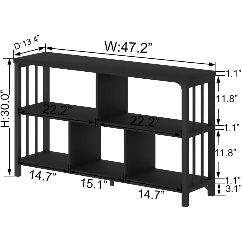 Horizontal Cube Book shelf, Industrial Modern Open Bookshelf, Low Wide Home 5 Cube Storage Organizer Long Shelf for Bedroom