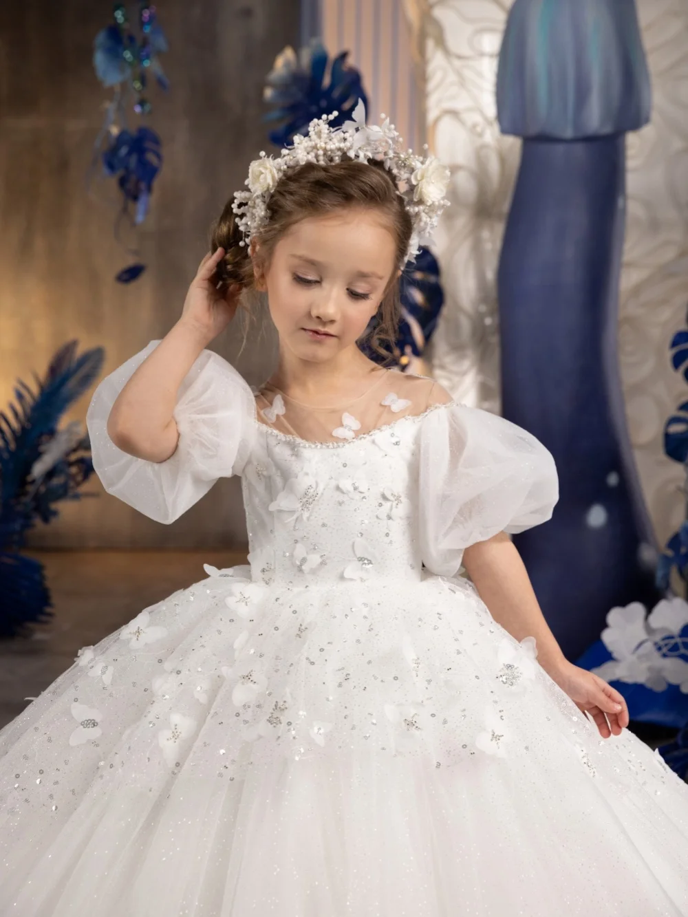 Flower Girls Dresses For Wedding Dazzling Puffy 3D Butterfly Kids Princess Gown Exquisite Puff Sleeve Birthday Party Gowns