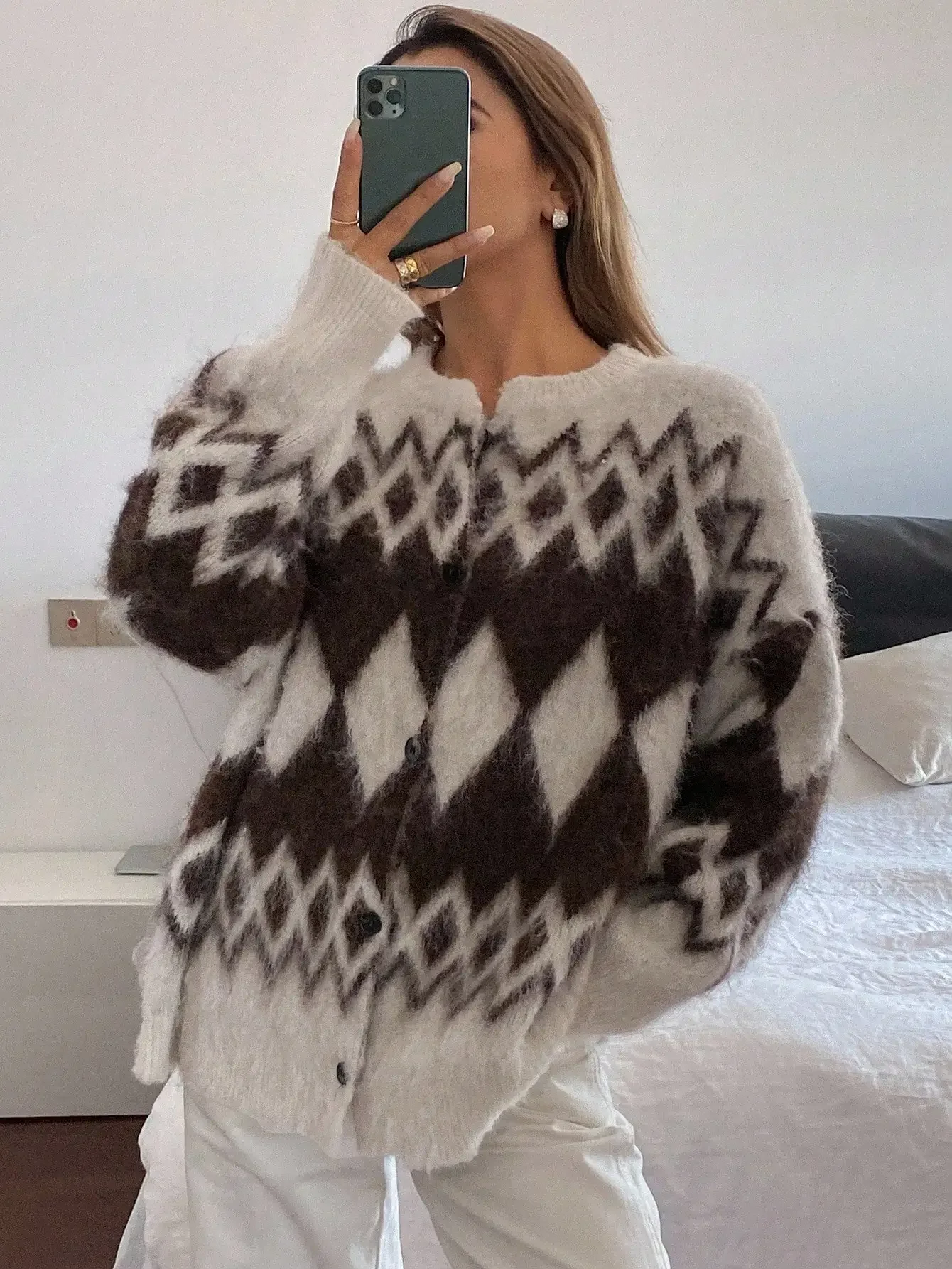 Womens Oversized Crewneck Button Front Knit Cardigan Scandi Hygge Cabincore Aesthetic Long Sleeve Fuzzy Brushed Sweater Mocha Brown Ivory Geometric Argyle Diamond Zigzag Jacquard Drop Shoulder Ribbed Cuffs Slouchy Boxy Fit For Fall Winter Christmas Gift