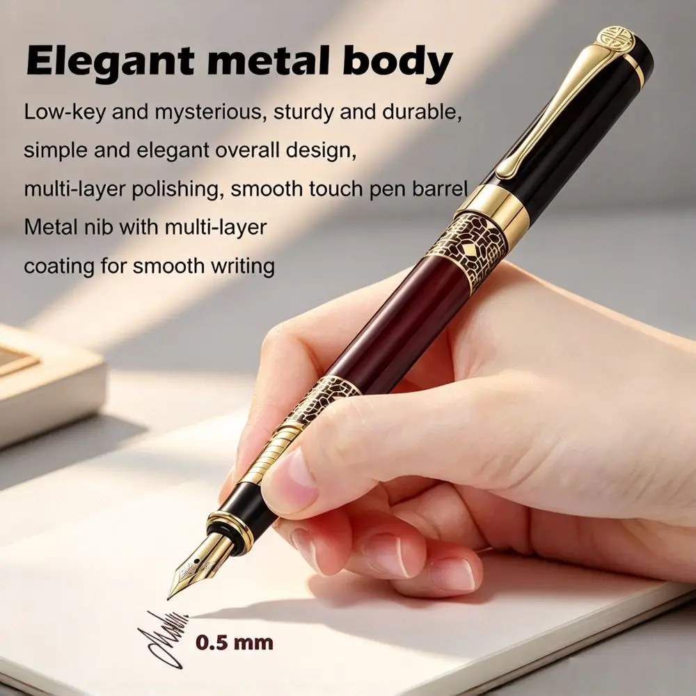 Vintage Metal Fountain Pen 0.5mm Nib, Luxury Engraved Ink Pen for Student School Office, Business Gift Pen Support Ink Cartridge