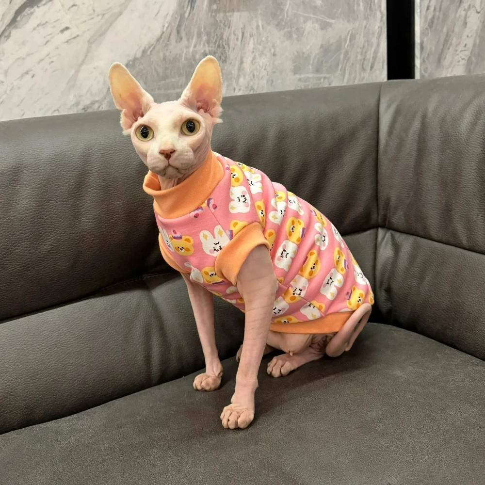 Pink Cotton Coat for Sphynx Cat in Autumn Soft Cartoon Sweatshirt for Kittens Warm Cute Rabbit Undercoat for Devon Rex in Winter