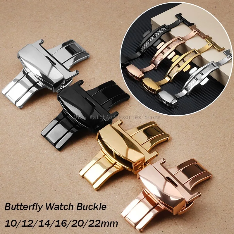 10/12/14mm 16mm 20mm 22mm Automatic Push Button Fold Clasps Stainless Steel Butterfly Deployment Watch Buckle Strap Metal Button