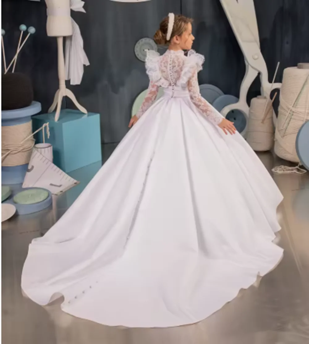 

Elegant White Flower Girl Dress Beads Satin Arabic Princess Kids Birthday Wedding Guest Party Gown Communion