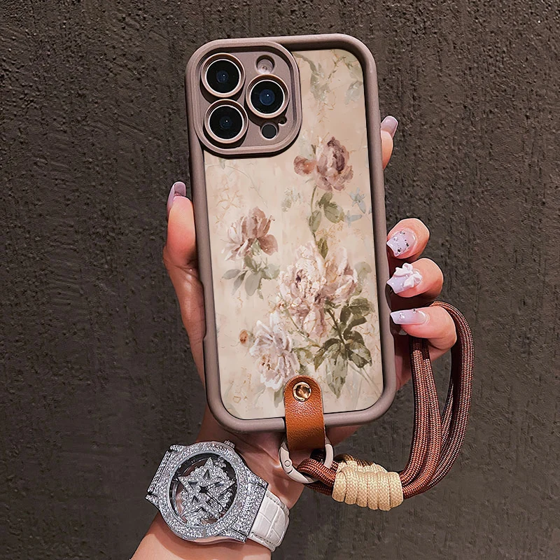 Ölgemälde-Blumenmuster Lanyard-Handyhülle für iPhone 14 15 16 17ProMax 15 14 13 Pro Plus Stoßfeste Matte Silikonhülle – Detail 2
