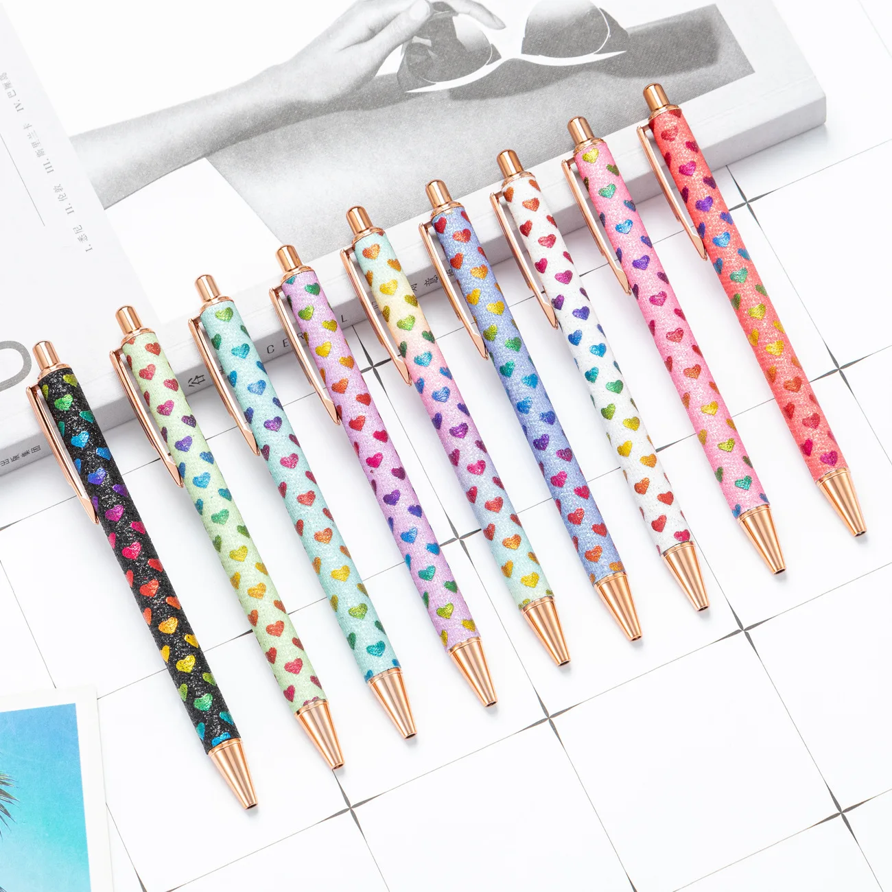 40PCS  Gold powder pressed ballpoint pen, student girl pressed foreskin pen, metal pen