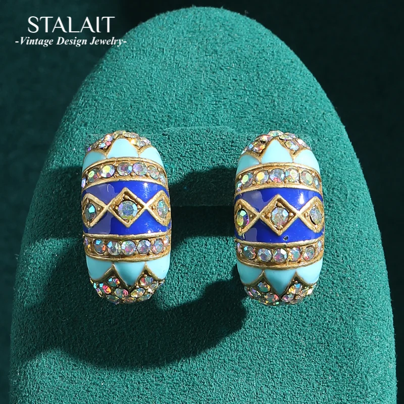 Vintage Luxury Designer Jewelry Enamel Blue Stud Earrings Quality Rhinestone Trend 2025 New Wedding Accessories Party For Woman