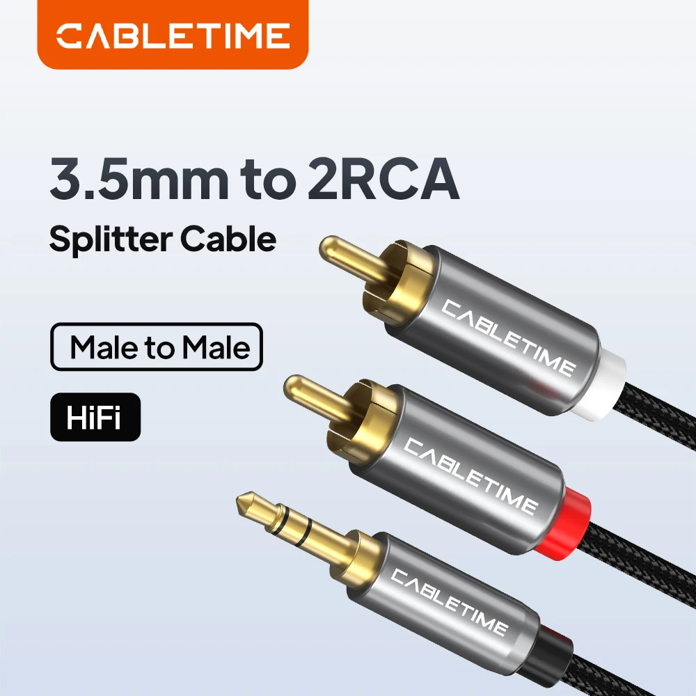 CABLETIME AUX 3.5mm Jack to 2 RCA Audio Cable M/M 3.5 RCA AUX Earphone Stereo Cable for DJ Amplifiers Audio Theater DVD C106