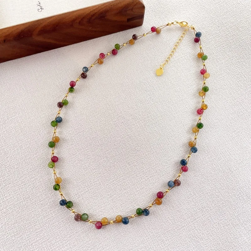 

Forest Style Colorful Natural Tourmaline Stone Rainbow Beaded Necklace for Women Versatile High-end Braided Necklace Statement