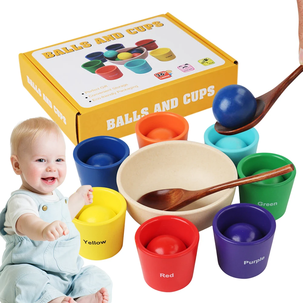 

Деревянная игрушка для сортировки по цветам: радужные шарики в стаканчиках, 7 больших шариков (1,57 дюйма) для детей от 2 лет, для малышей и младенцев
