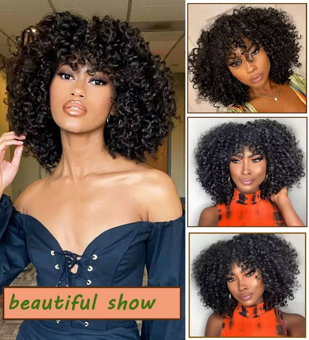 Afro Curly Wig with Bangs Shoulder Length Wigs Curly Black Wig Afro Kinky Curly Wigs Synthetic Wig Curly Full Wig for Women