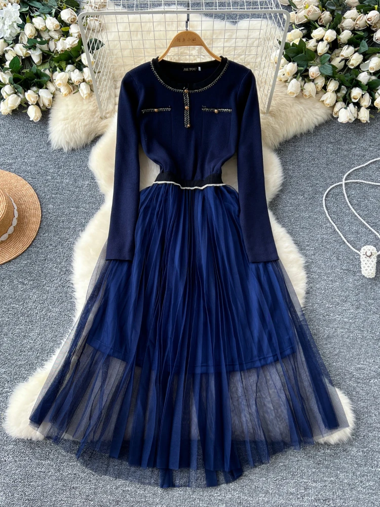 Women Elegant Small Fragrant Style Dress Autumn New Round Neck Knitt Splicing High Waist Slim A-line Mesh Fluffy Dress for Women