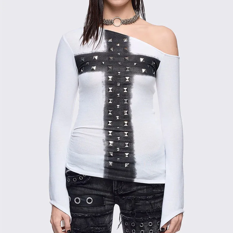 Retro Early Spring Neues personalisiertes Langarm-T-Shirt mit Kreuz-Strass-Design, Basic-Pullover mit diagonalem Kragen, schmales Oberteil im Y2K-Stil