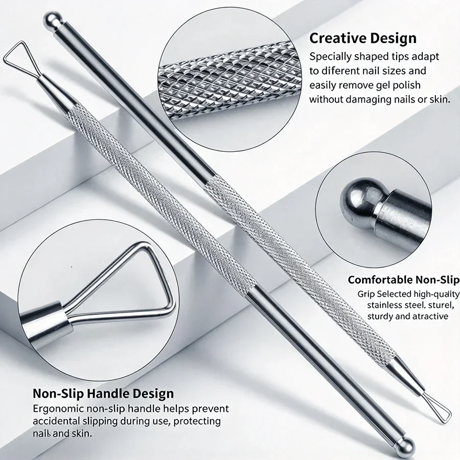 Dual-Ended Gel Remover Tool, Stainless Steel Cuticle Pusher Peeler Scraper with Non-Slip Handle, Nail Art Manicure Pedicure Tool