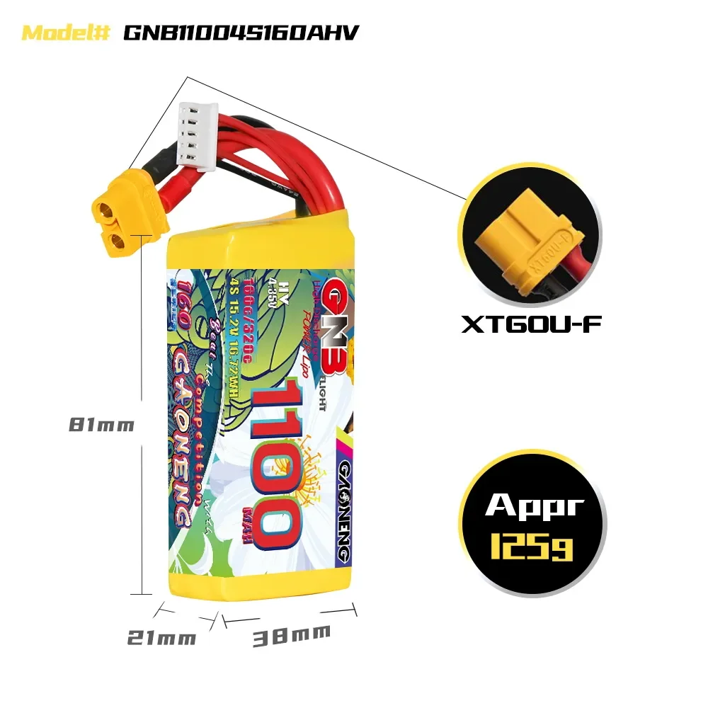 GNB 1100mAh 160C 4S 15.2V Lipo Battery XT60 For 180 to 330mm Brushless FPV, 5 to 6 inch Drone DJI FPV Quads Racing Pilot FPV