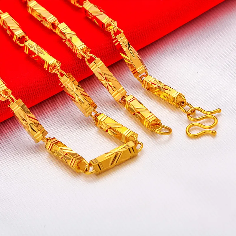 Vietnamese Gold Plated Mens Hexagonal Column Necklace Vacuum Plating Bold 24K Gold Plated Bamboo Joint Necklace