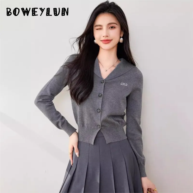 

BOWEYLUN Spring and Autumn Sailor Collar Knitted Cardigan Women's Skin friendly Comfortable Solid Color Knitted Sweater Women