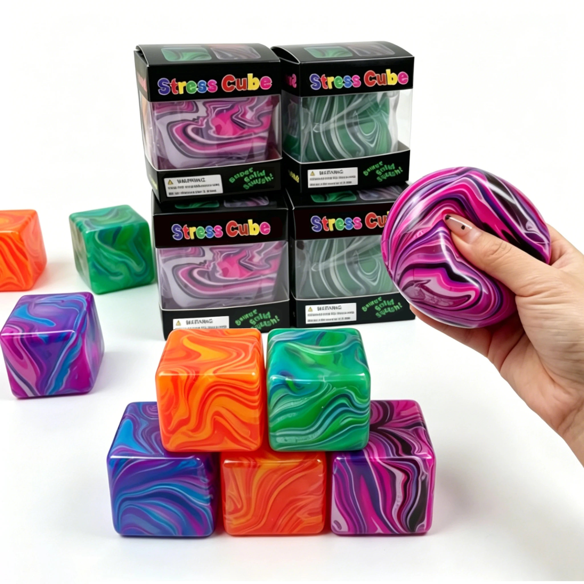 Cube anti-stress en gel souple à boule de marbre tourbillonnante, à récupération lente, extensible, à presser, jouet sensoriel de décompression pour soulager l'anxiété.