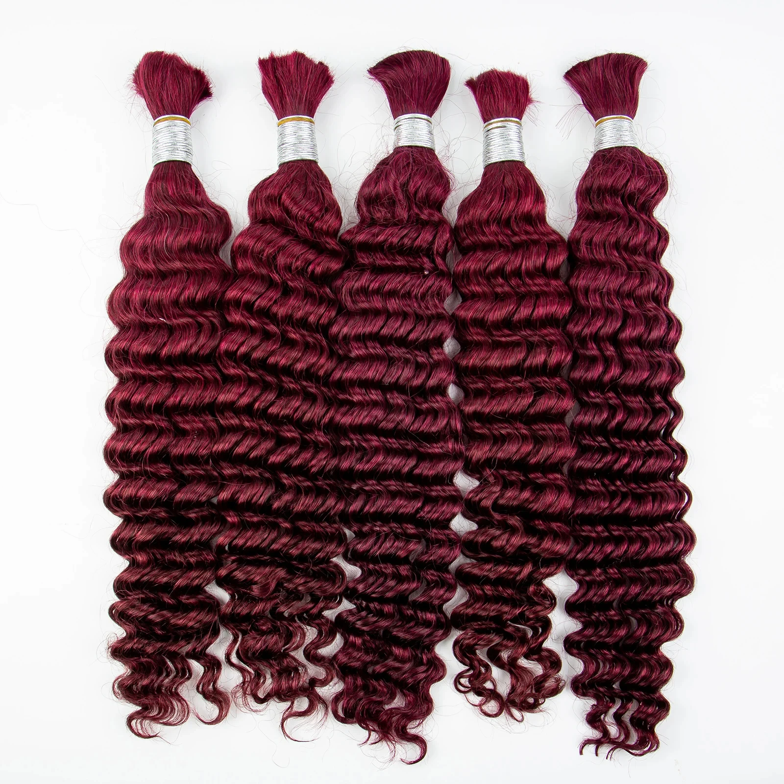 Extensão de cabelo de onda profunda para salão, Burgundy Hair Bulk para Boho Braiding, sem pacotes de trama, tranças encaracoladas profundas, Bulk for Salon