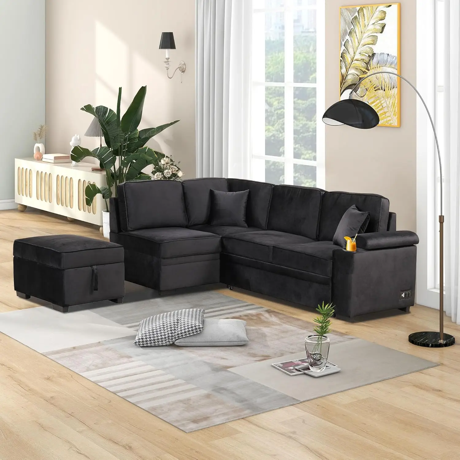 

Convertible Sofa Bed, L-Shape Pull Out Couch with Storage Ottoman, Cup Holder for Living Room, Bedroom, Small Apartment