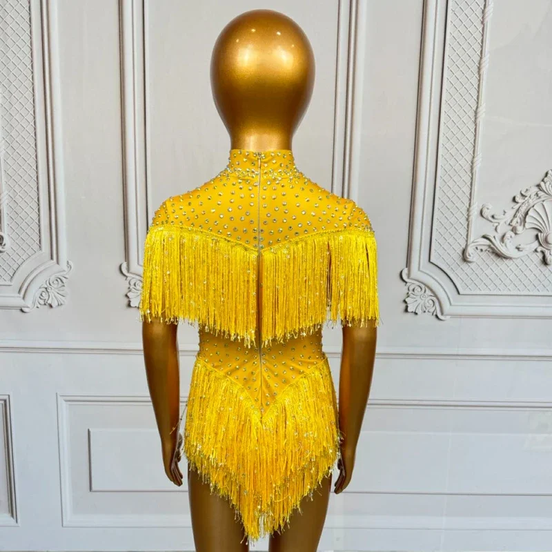 Kids Latin Dance outfit Performance Festival Outfit Yellow Rhinestones Fringed Bodysuit  Jazz Dance Costume Stage Group Clubwear