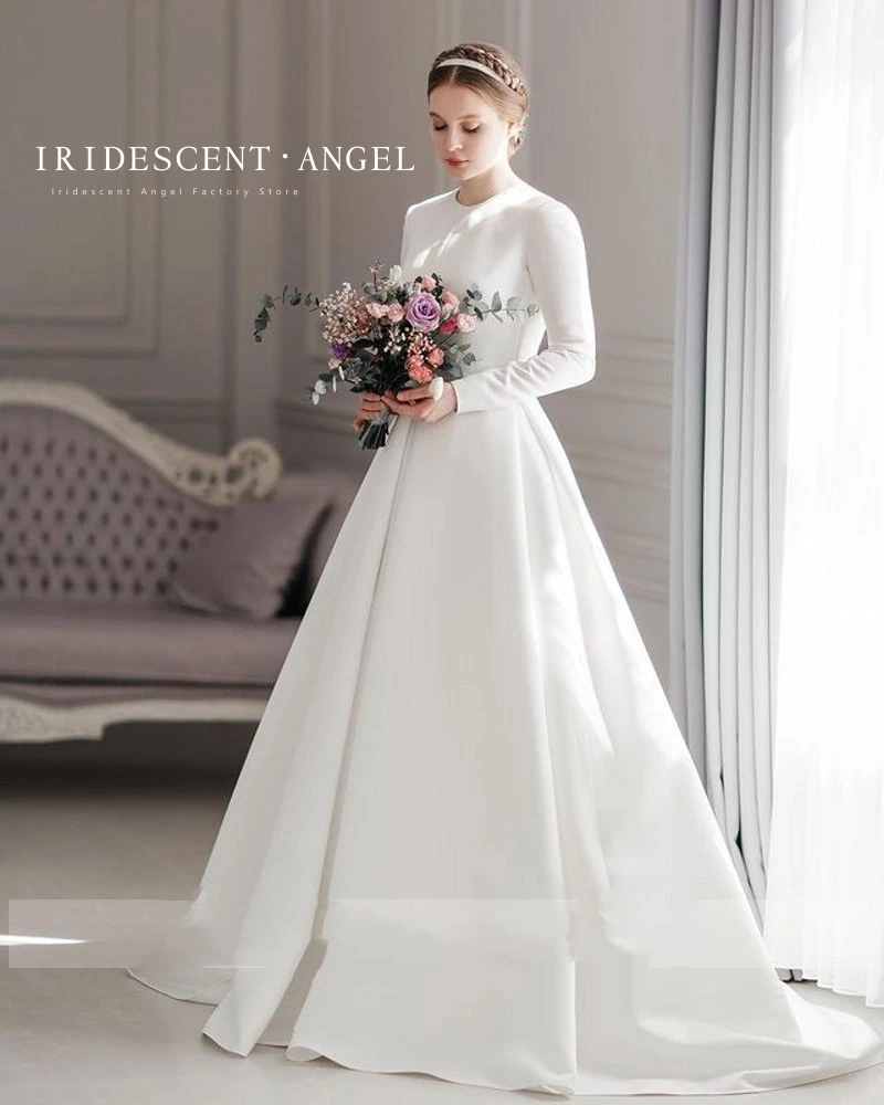 IRIDESCENT Elegant O-Neck A-Line Wedding Dresses Satin Long Sleeve Bride Dresses For Women Vestido Novias Robe de mariee