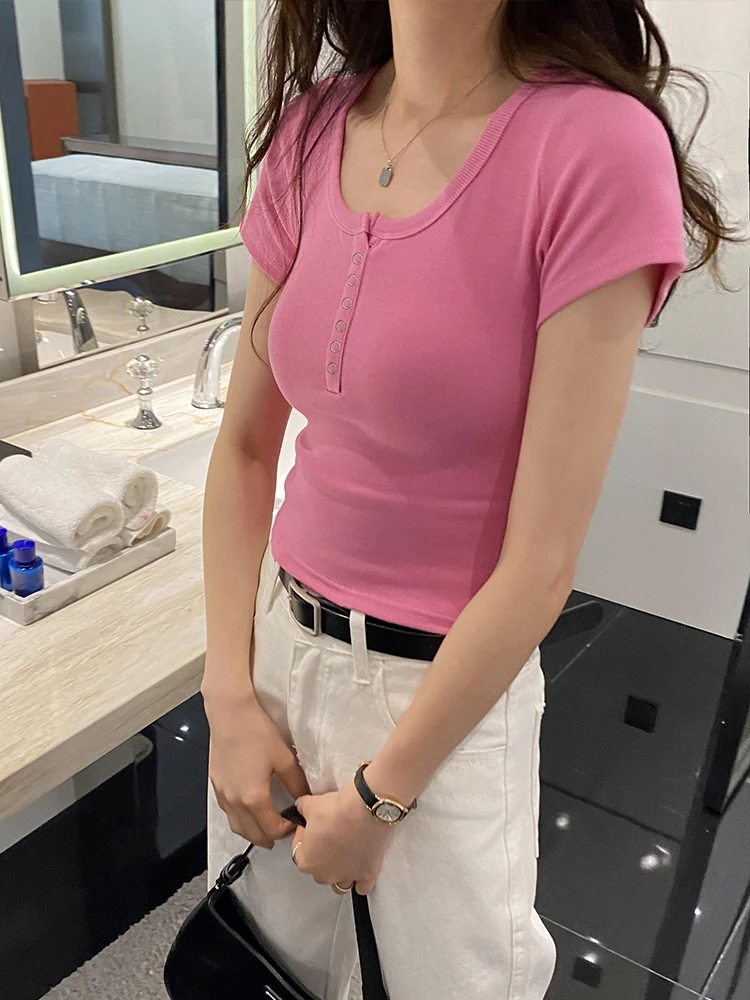 Slim Fit Short Sleeve T-Shirt Women's Summer Design Cool Sweet Hot Girl Short Shoulder Level Top Korean Style round Neck Butt...