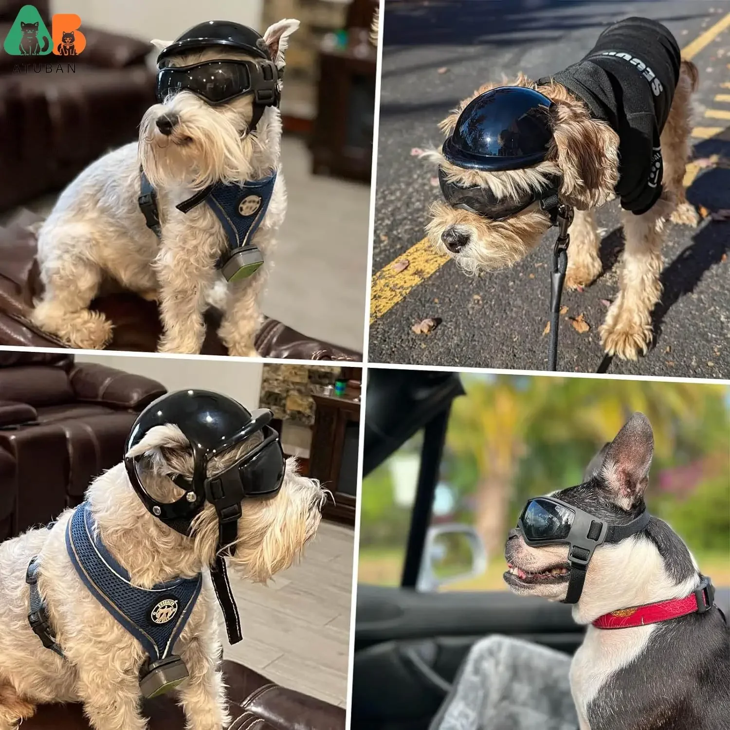 ATUBAN Capacete para cães e óculos para cães pequenos, chapéu para capacete de motocicleta para animais de estimação com furos para orelha, alças