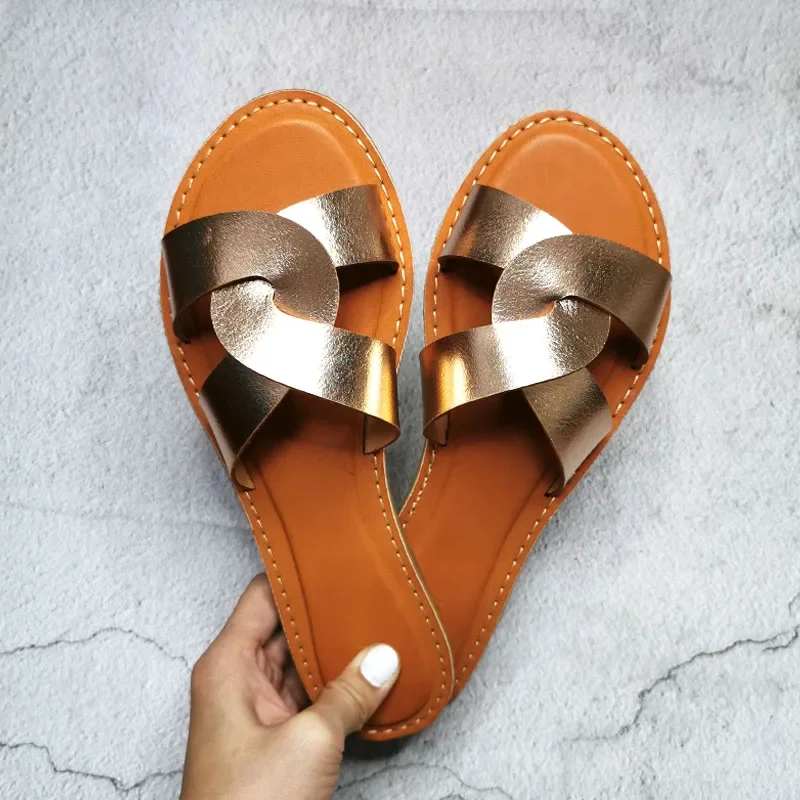 Summer Women Sandals Shoes Summer Style Fashion PU Leather Interlocking Surface Female Slippers Solid High Quality Woman Slides