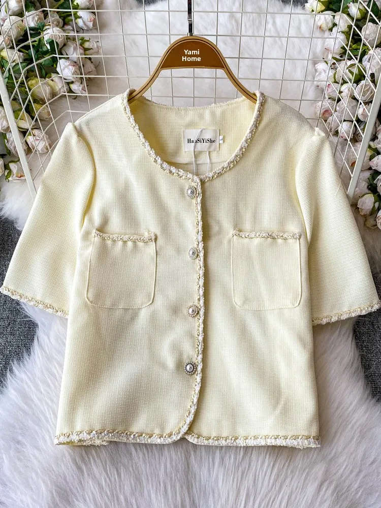 

Slimming Knitted ort Sve round Ne Top Women's Summer New Pearl Button Straight Cut Slim Fit Outerwear Korean Sle