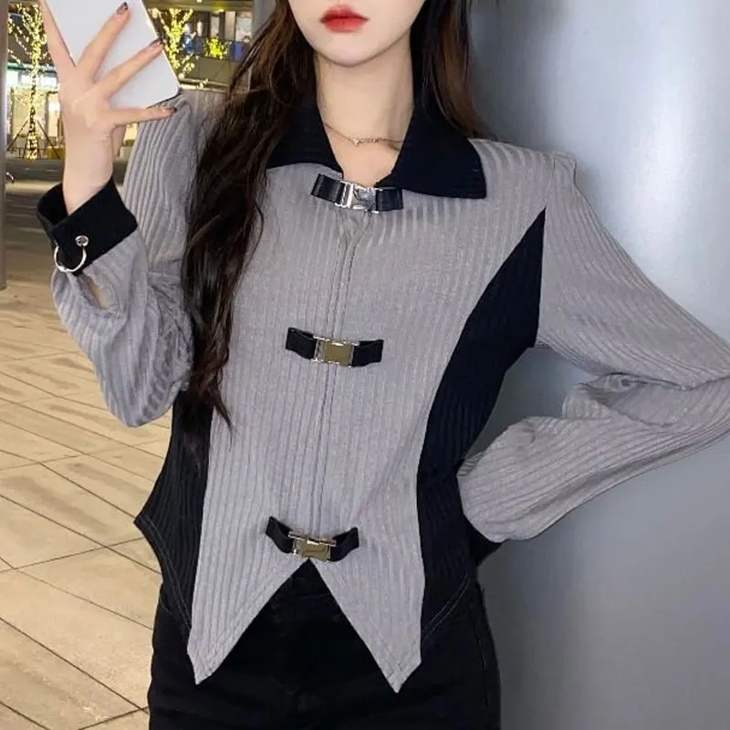 Korean Solid Color Patchwork Shirt Spring Autumn Long Sleeve Women\'s Clothing Commute Polo-Neck Casual Fashion Irregular Blouse