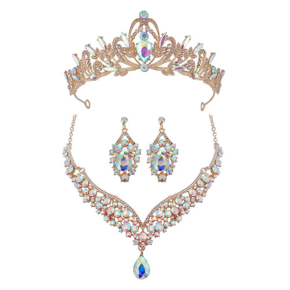 

1Set Wedding Jewelry Set for Bride Women Crown Necklace Earrings Rhinestone Bridal Tiara Elegant Sparkling Party Prom Accessory