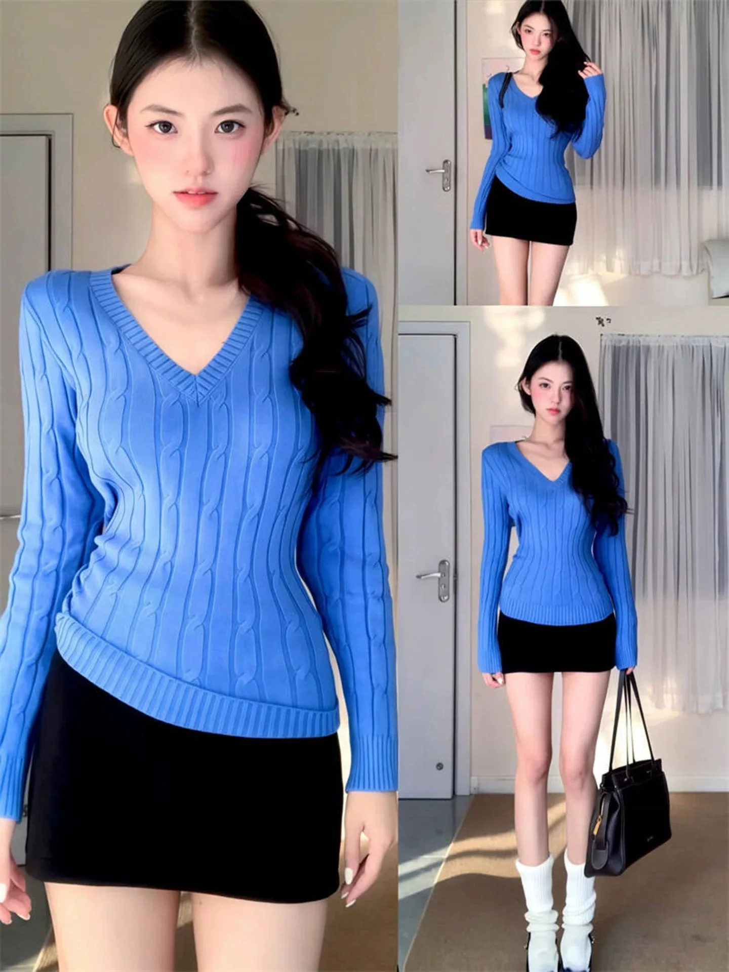 

Синий вязаный свитер V-Ne, женский приталенный длинный свек Twist, осень-зима, модный ретро-слойный базовый слой, внутренняя одежда irt