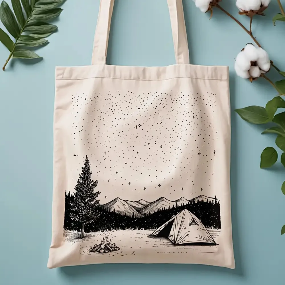 1pc, Double-Sided Print Design.1pc Camping Scene Canvas Tote Bag- Reusable Grocery Bag with Starry Night Mountain Design, Durabl