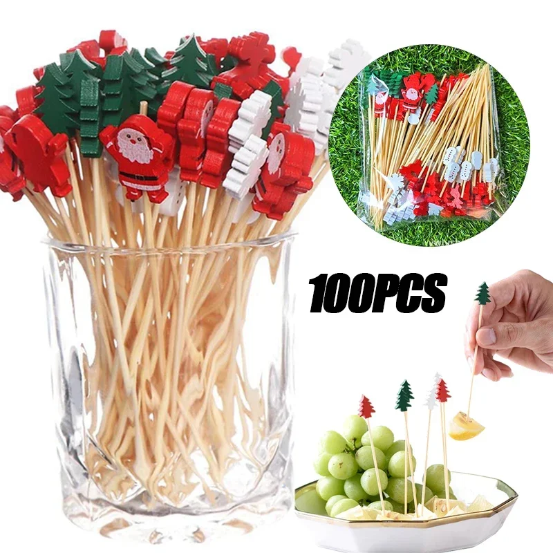 50/100Pcs Christmas Bamboo Skewer Cocktail Picks Cupcake Topper Disposable Food Dessert Toothpicks Fruit Sticks Party Supplies