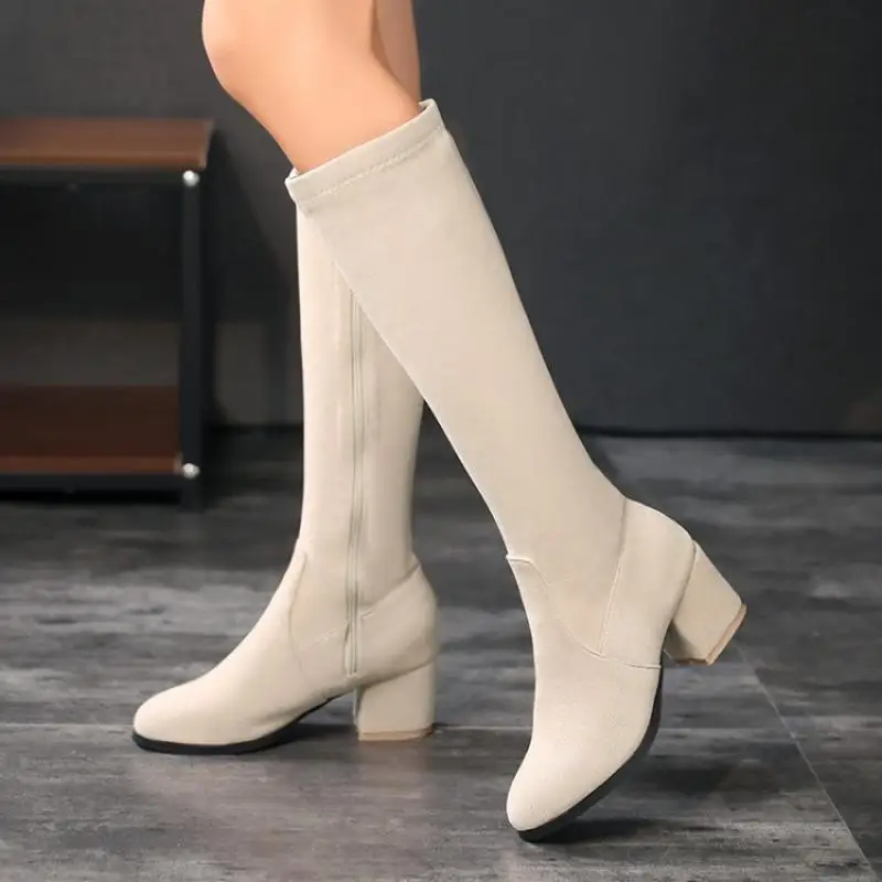 2023 Women Long Boots Suede Solid Knee High Boots Thick Mid-Heel Side Zipper Knight High Boots Winter Female Shoes Botas Mujer