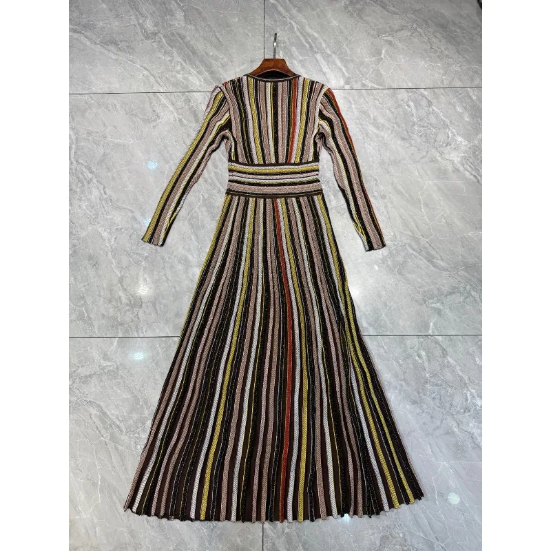 2025 فساتين متوسطة الطول بأكمام طويلة وطباعة مخططة باللون البني والأصفر والأحمر عالية الجودة