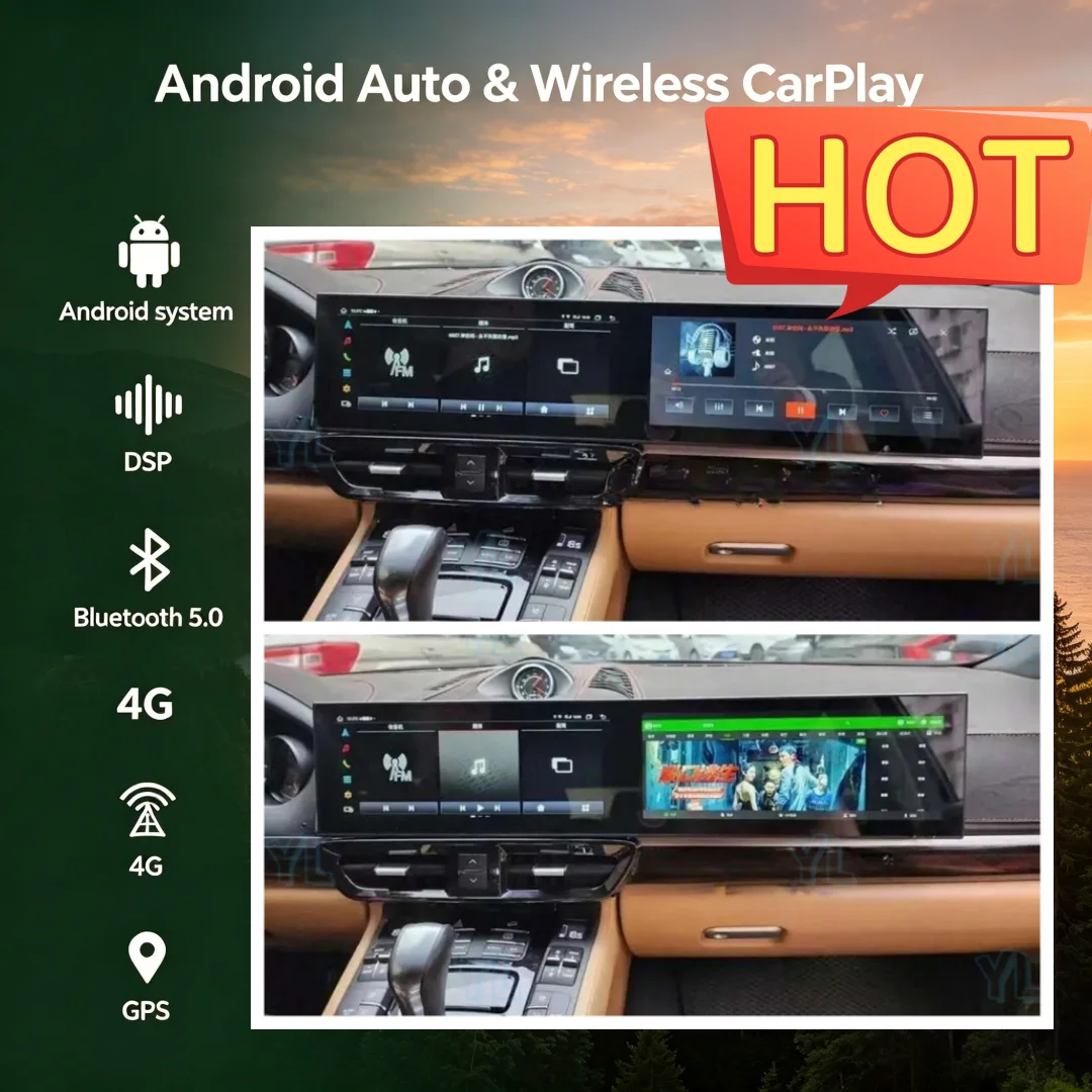 12.3 Inch+12.3Inch Android Carplay For Porsche Cayenne 2011-2017 Upgrade Interactive Dual Screen Multimedia Video Player BT 5.0