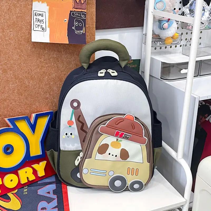 Children's Backpack Engineering, Puppy Car Layered Pocket, Double-Sided Water Cup Pocket, Kindergarten Boys and Girls' Baby Back