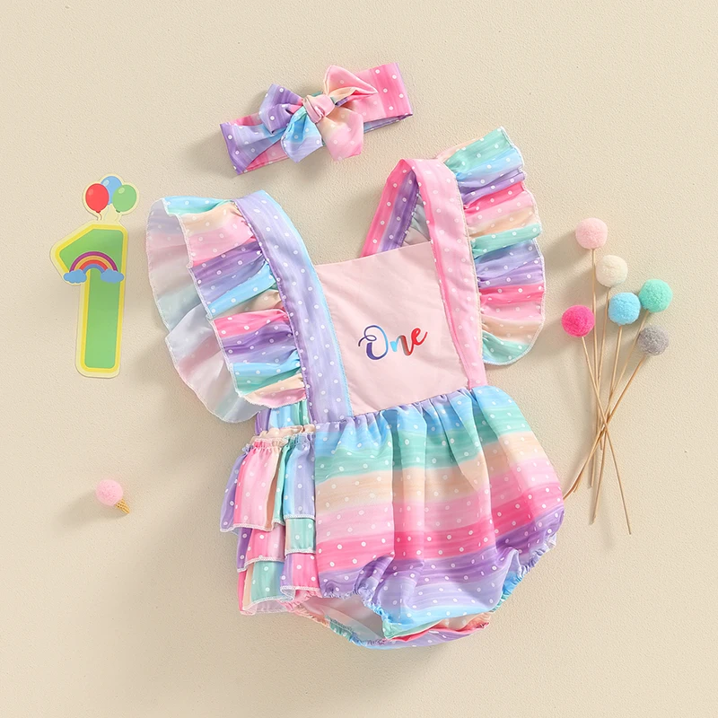 Baby Girl 2 Piece Outfits Letter Dot Print Square Neck Fly Sleeve Rainbow Romper Headband Summer Set for Infant Toddler