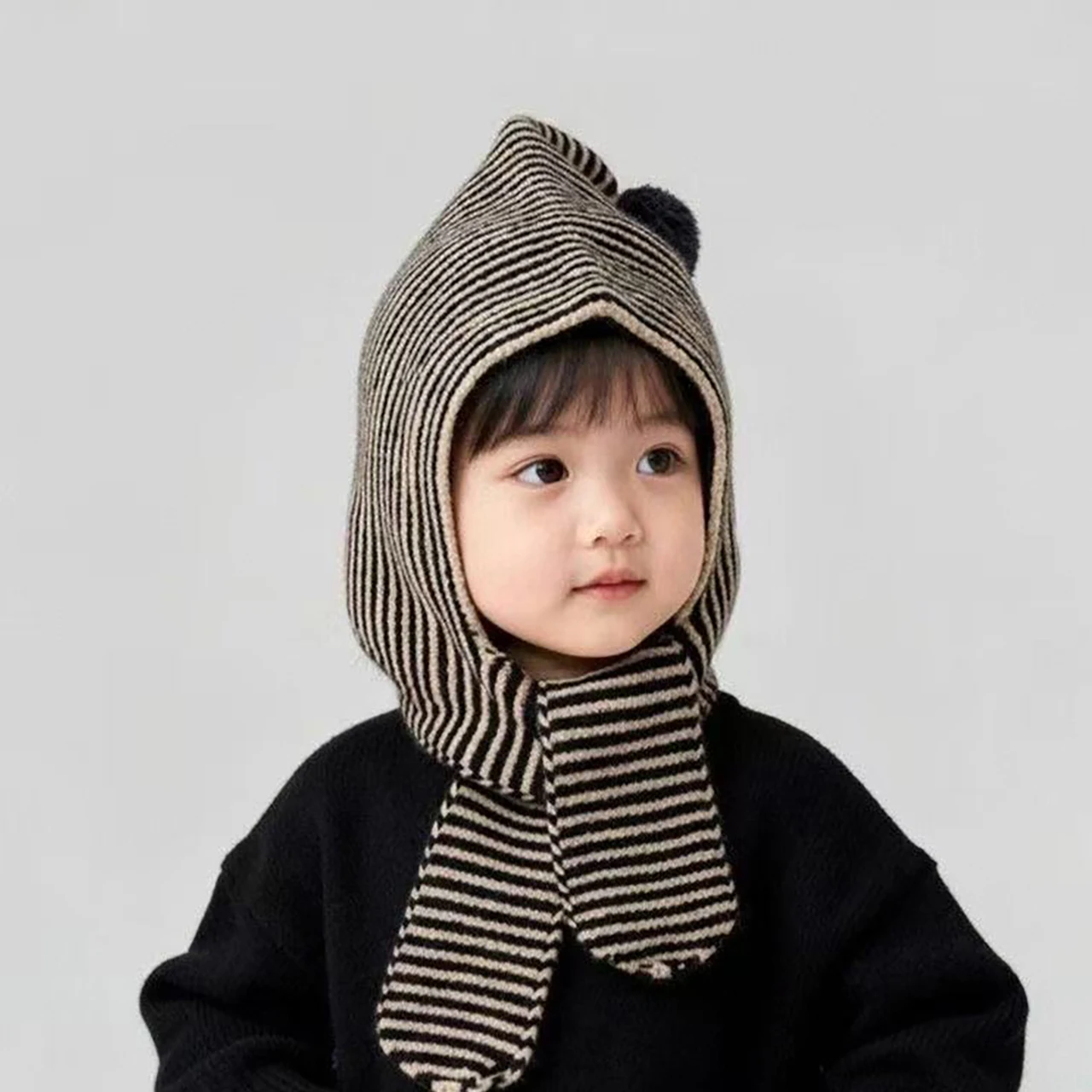 Korean Striped Baby Balaclava Hat Winter Knitted Hood Scarf Ear Protection Warm Bomber Cap Kids Boy Girl Beanies