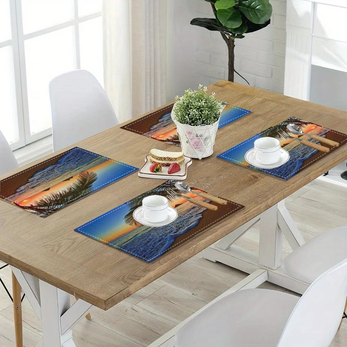 4pcs Fashion Sunset Beach Coconut Tree Print Placemats Washable Placemats / Heat Resistant Table Mats Tabletop Protection Home